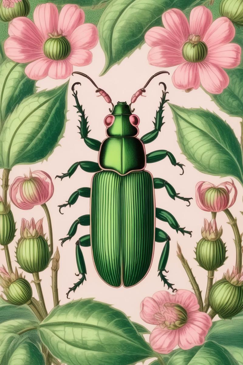 00147-3638310755-_lora_Mark Catesby Style_1_Mark Catesby Style - william morris illustration of green Beetle among the pink flowers.png